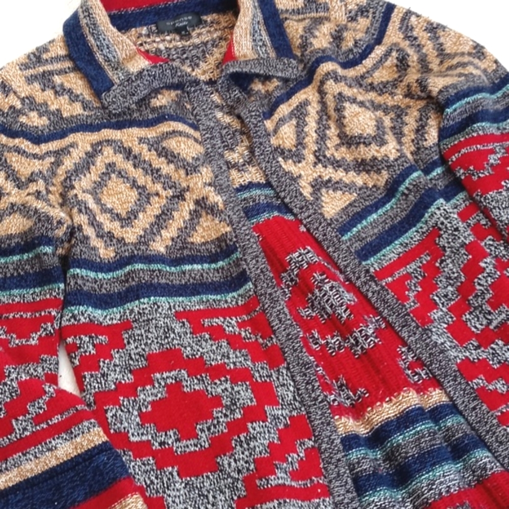 Spense Southwest Artist Style Brown Red Blue 3/4 Sleeve Open Cardigan / Duster M - Picture 2 of 11